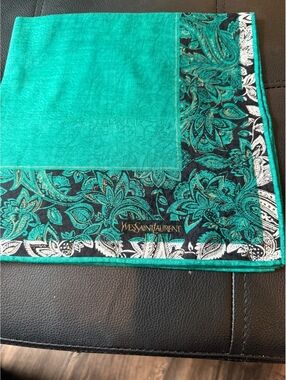 YSL Yves Saint Laurent Cotton Scarf, Square 18.5”, Turquoise